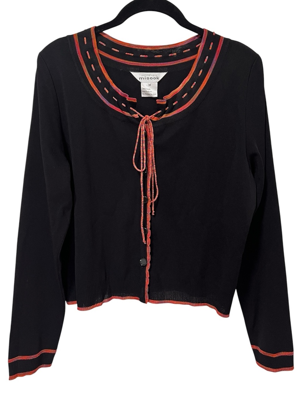 Exclusively Misook Black Tie-Front Cardigan M Multicolor Trim